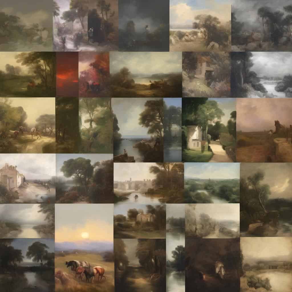 Μεταβατικό πίνακα τέχνης από μινιμαλισμό σε εξπρεσιονισμό, φυσικά τοπία ζωγραφικής, ιστορική καλλιτεχνική εξέλιξη, ανάδειξη της φύσης και της συναισθηματικής έκφρασης.