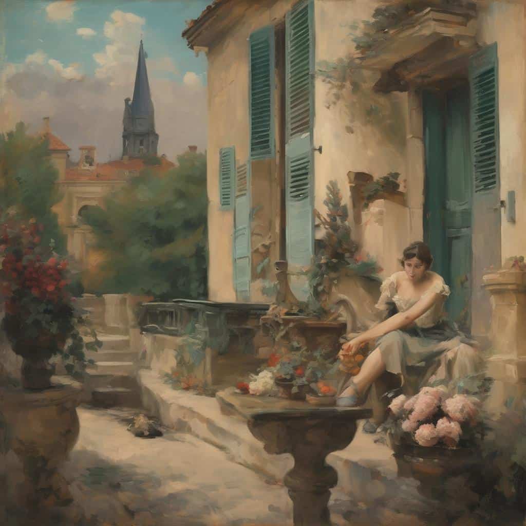 Παραδοσιακός πίνακας με ρεαλισμό και εξπρεσιονισμό, αποτυπώνει ήσυχο καλοκαιρινό σκηνικό με γυναίκα σε βεράντα.