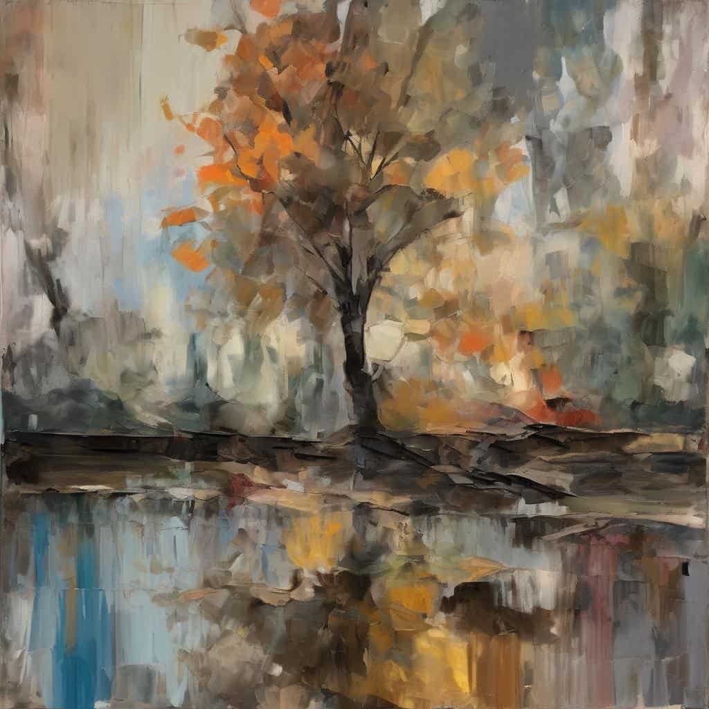 φωτογραφία πίνακα από τον Μινιμαλισμό στον Εξπρεσιονισμό, αφηρημένο τοπίο με δέντρο και αντανακλάσεις σε νερό.